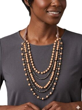 Layered Peach and Gray Beaded Statement Necklace